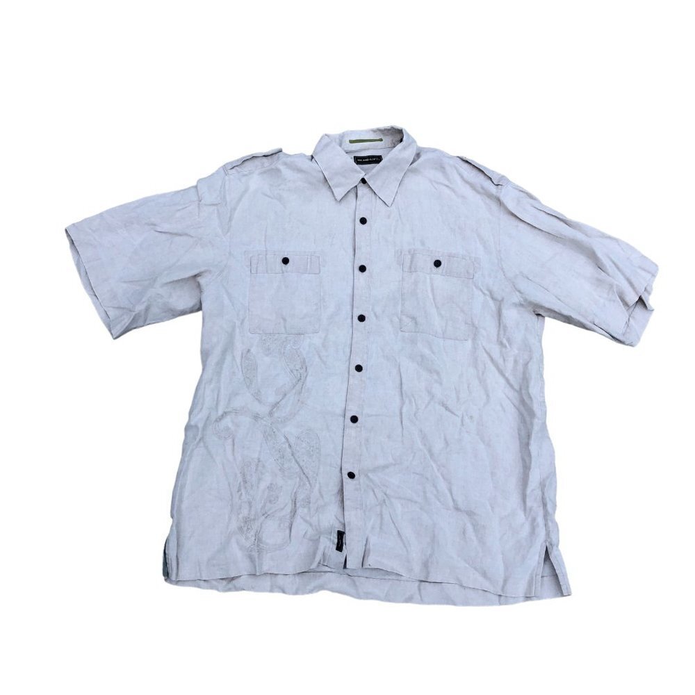 Vintage ISLAND SOFT Linen Button Down Shirt Mens XL Beige Short Sleeve Pockets‍‍
